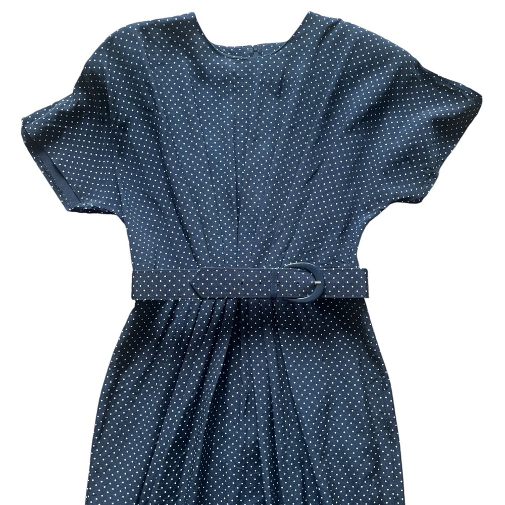Vintage Mariposa Polka Dot Midi Dress Belted Navy Canada Made Size 5